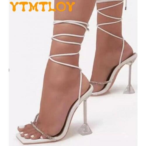 2021 New Fashion Sexy High Heel Ladies Sandals Roman Shoes Rhinestone Lace-up Sandals Women Shoes