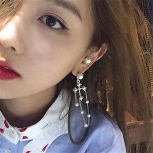Asymmetric Fashion Korean Cross Shaped Chain Long Dangle Earrings for Women Simulated Pearl Ear Drops Earing Brincos 5C4011
