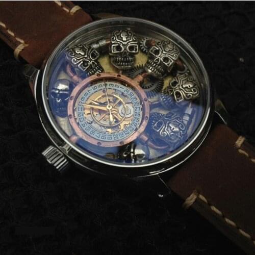Automatic Mechanical Mens Watch Sterling Silver Skull Waterproof Men Watches Steampunk Business Personality Leather Wristwatch