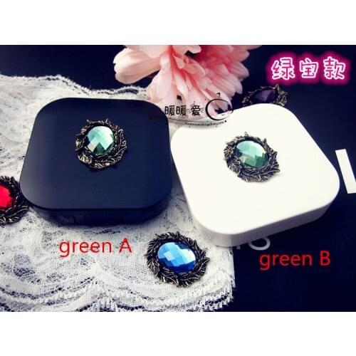 LIUSVENTINA Handmade DIY Cute Alloy Olive Leaf Green Gemstone Contact Lens Case With Mirror Box Container for Color Lenses