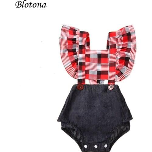 Blotona Toddler Christmas Plaid Bodysuit Newborn Infant Baby Girl Square Collar Ruffle Fly Sleeve Romper Jumpsuit, 0-18Months