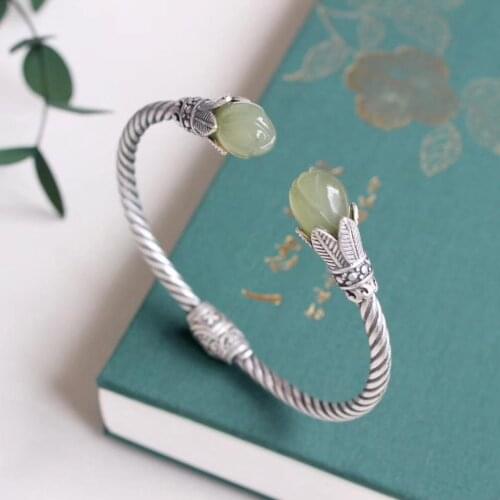 Designer original new natural Hetian magnolia bracelet retro Chinese style fashion personality ladies silver jewelry