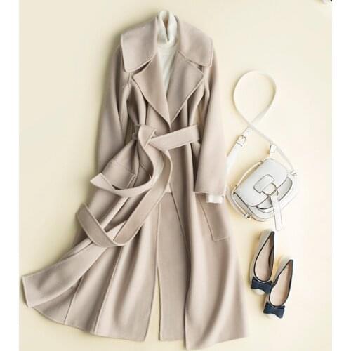 Double-sided 100%wool women sashes overcoat mid long no lining big turn-down collar beige caramel 4colors S/M/L retail wholesale