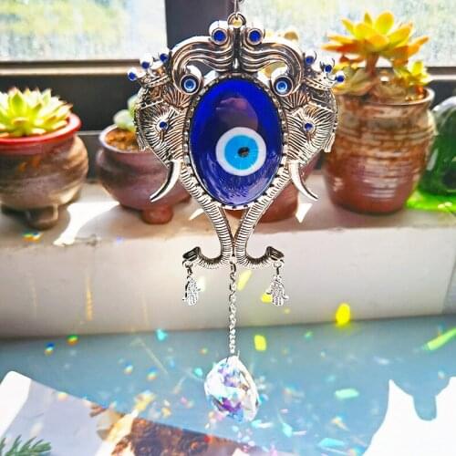 H&D Turkish Blue Evil Eye with Lucky Elephant Amulet Suncatcher Window Hanging Home Office Protection Decor Good Luck Charm Gift