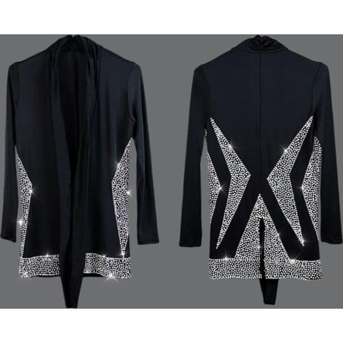 Good Quality Latin Dance Tops Men Black Shirt Rhinestone Dance Costume Stage Professional Competitive Men Ballroom Shirt BL2009