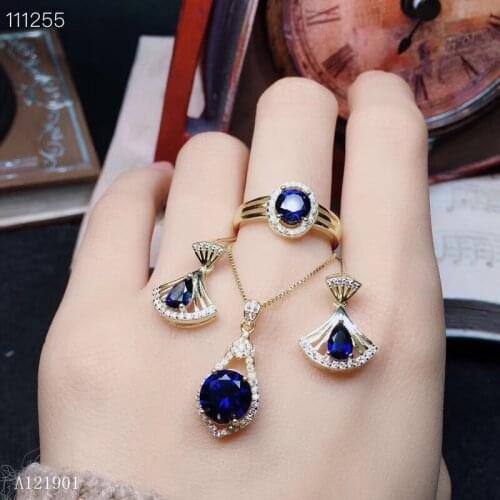 KJJEAXCMY exquisite jewelry 925 Silver-inlaid Natural Sapphire Womens Necklace Pendant Earring Ring Set Support Detection