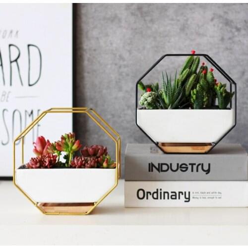 Ceramic Flower Pot with Metal Shelf White Porcelain Planter Pot Bamboo Tray Desktop Wall Hanging Flowerpot