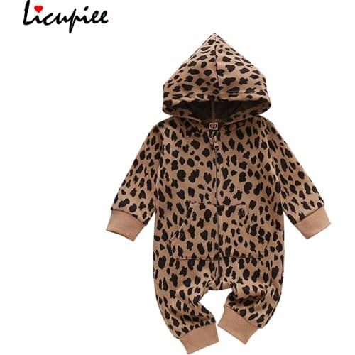 Infant Baby Girls Boys Leopard Print Hooded Romper Toddler Long Sleeve Front Pockets Jumpsuit Baby Loose Playsuit 0-24 Months