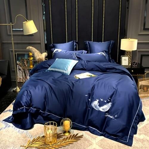 Blue Egyptian Cotton 600TC Embroidery Luxury wedding Bedding set King Queen size Duvet Cover Pillowcase Bedsheet 4/6pcs#s