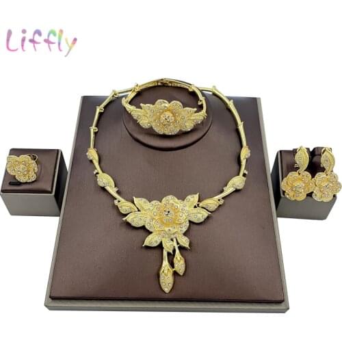 Liffly Nigerian Elegant Women Party Fashion Jewelry Sets Flower Necklace Bracelet Gold Earrings Ring Luxury Jewelry