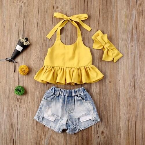 2-7Y Summer Baby Kids Clothes Off Shoulder Bow Belt Ruffle Sleeveless Solid T-Shirt Denim Shorts 2Pcs Summer Outfit Set
