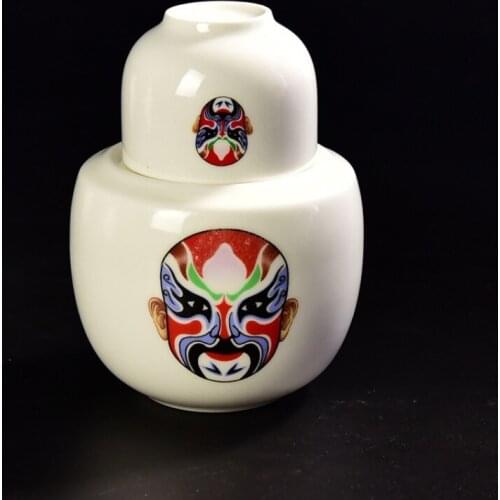 Simple Bone China White Hip Flask Classic Retro Painted Face Mask with Wine Glass Shochu Bottle Household Premium Wine Set