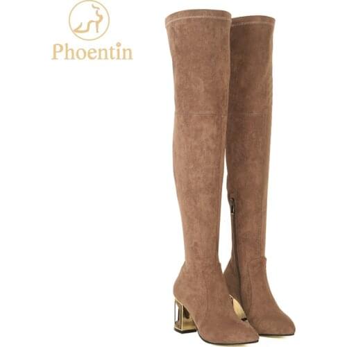 Phoentin cow suede zipper thigh high boots for women fretwork metal high heels stretch overknees shoes high quality boots FT265