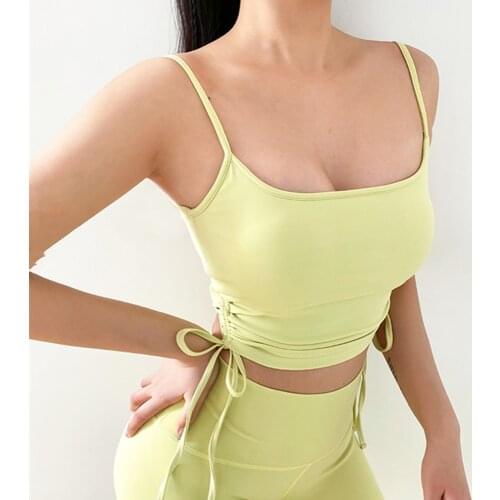 Sexy Side Drawst Sport Vest Thin Shoulder Strap Backless Sports Tank Women Fitness Gym Running Vest Yoga Padded Tops Camisole