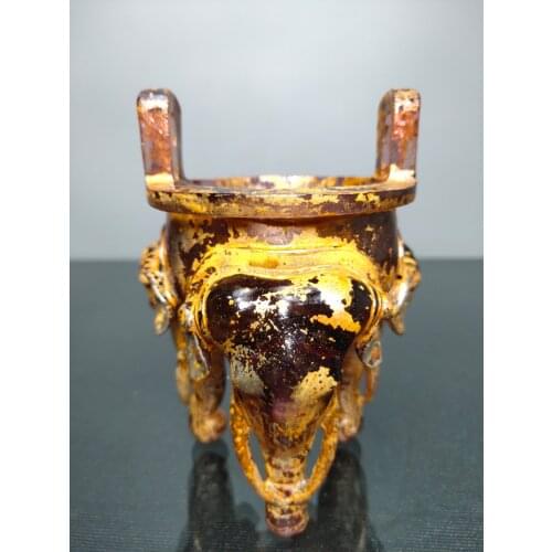 5"Tibet temple Old Liuli colored glaze incense burner Hand painted gold Three elephant feet Straight ear incense Ornaments
