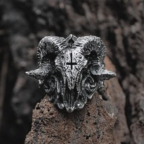Unique Punk Gothic Satanic Demon Ram Head Skull Ring Men Vintage Black Skeleton Cross Biker Ring Hip Hop Viking Jewelry Gift