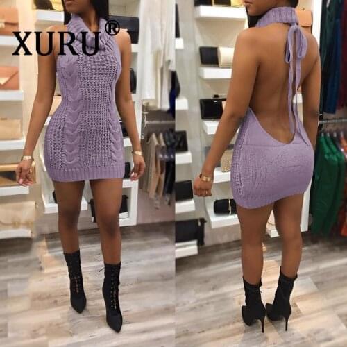 XURU Autumn New Womens Knit Sweater Dress Sexy Big Halter High Neck Short Sweater Dress