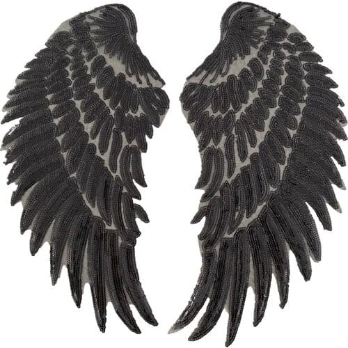 Iron on black colors angel wings sequined Back of shirt patches Sewing on sequin black wings badges