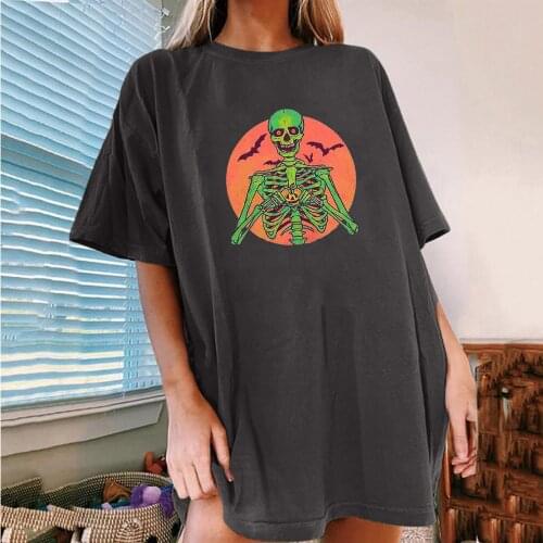 Skeleton Print Goth Style Women T-shirts Summer Short Sleeve Harajuku Loose T Shirt Basic Tee Streetwear Tops Oversized#f3