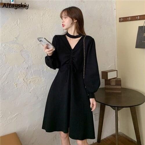 Dresses Women Japanese Style All-match Draw String Spring Fashion V-neck Solid Puff-sleeve Casual Vintage Harajuku Elegant Ins