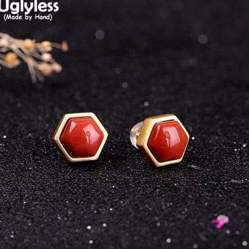 Uglyless Simple Geometric Hexagon Earrings Pendants Jewelry Sets Women Nature Jade Agate MINI Studs Earrings 925 Silver Necklace