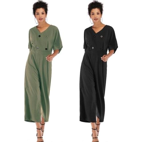 2021 New Women Jumpsuits Street Style Casual Button Stragiht Rompers Womens Jumpsuit V-neck Short Sleeve Ankle-Length Pants