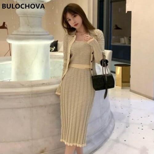 French Retro Womens Skirt Suits Clothes 2021 Newest Autumn Ladies Cardigan Coat + Vest + Long Skirt Knitted Stripes 3 PCS Sets