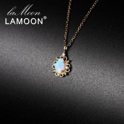 LAMOON S925 Sterling Silver Oct Birthstone Synthesis Opal 14K Yellow Gold Plated Pandent Necklace Fine Jewelry for Women LMNI118