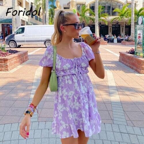 Foridol Floral Print Summer Boho Beach Dress Women V Neck Casual A-line Mini Dress Short Sleeve Purple Vestidos De Mujer 2021