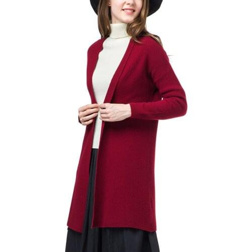 100%goat cashmere knit women fashion mid-long cardigan sweater coat no buckle claret 2color S-2XL