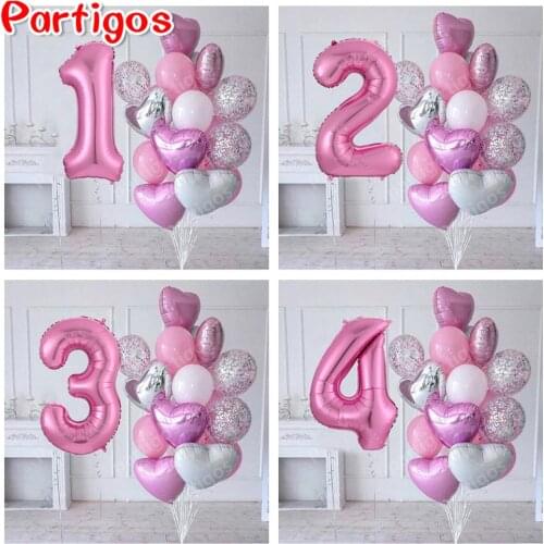 15pcs/lot girl Birthday Balloons with 30inch pink Number baloon 3/3rd Birthday Party Decor Kids anniversaire 9/1/3 years old