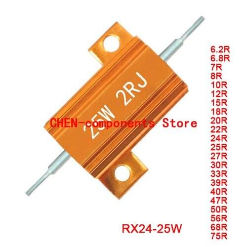 5PCS RX24 25W Gold aluminum shell resistor 6.2R 6.8R 7R 8R 10R 12R 15R 18R 20R 22 24 25R 27R 30R 33R 39R 40R 47R 50R 56R 68R 75R