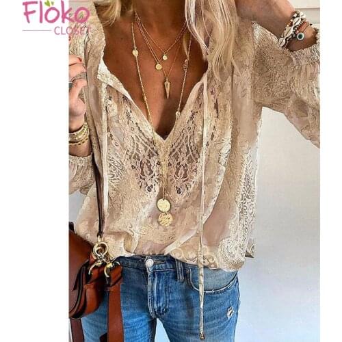 Flokocloset Loose Print Pure Elegant Lace Blouse Women 2021 Casual V-Neck Long Sleeve Fashion Shirt Tops
