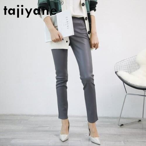 Real Leather Goatskin Pants Women Grey Trousers High Waist Pencil Pants Female Spring 2021 Pantalones De Mujer Pph4554