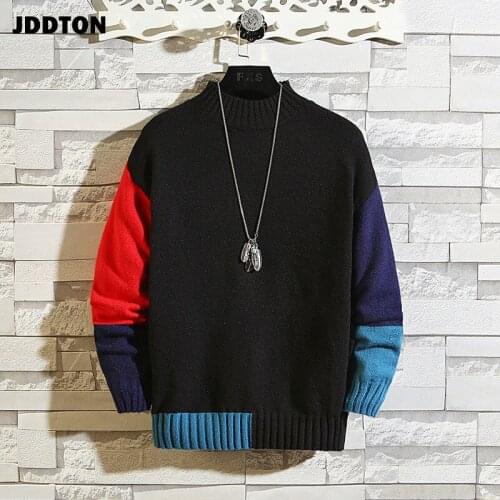 JDDTON Winter Mens Casual Patchwork Pullover Sweater Round Neck Harajuku Knitted Hip Hop Warm Male Fashion 7XL Streetwear JE600