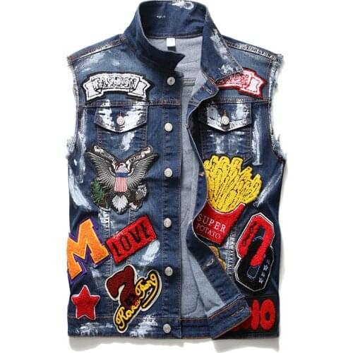 European and American Punk Denim Vest Mens Slim Embroidery Skull Waistcoat Badge Stitching Biker Paint Sleeveless Jean Jackets