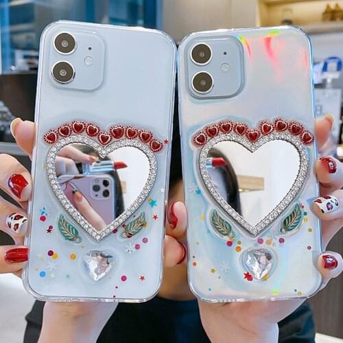Epoxy Vintage Diamond Heart Make Up Mirror Clear Soft TPU Case for iPhone 12 Mini 11 Pro XS Max Colorful Laser Paper Back Cover