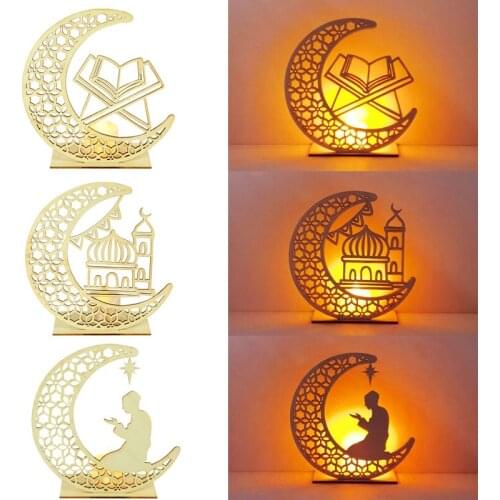 Eid Mubarak Decor Wooden Moon LED Lights Islamic Muslim Festival Party Hanging Pendant Ramadan Kareem Candle Lights Wood Crafts