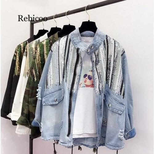 Boho Camouflage Jacket Women Sequins Shinny Lace Up Denim Coat Bomber Long Sleeve Coats
