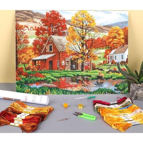 Landscape Natural Printed Canvas 11CT Cross Stitch Set Embroidery DMC Threads Handicraft Handiwork Sewing Painting Design
