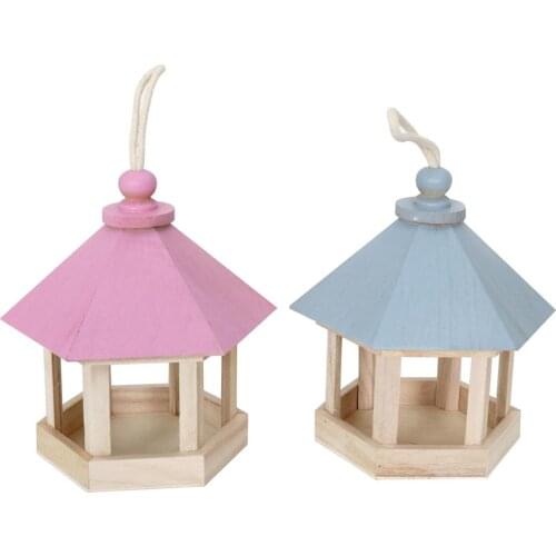 Gazebo Shape Bird Feeder Natural Wooden Hanging Bird House Outdoor Garden Bird Nest Hut For Hummingbirds