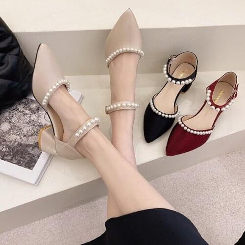 Fashion all-match Baotou pointed sandals summer new low-heeled pearl decoration gentle ladies single shoes