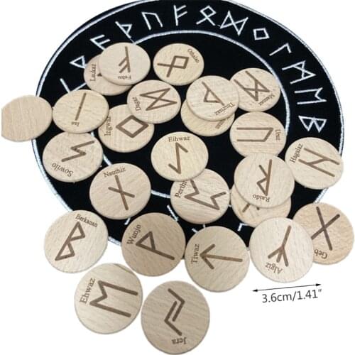 448D 25pcs/set Handmade Wooden Viking Runes Kit Symbols Beads Gypsy Rune Divination Sign Wizard Ritual Props with Cloth Bag