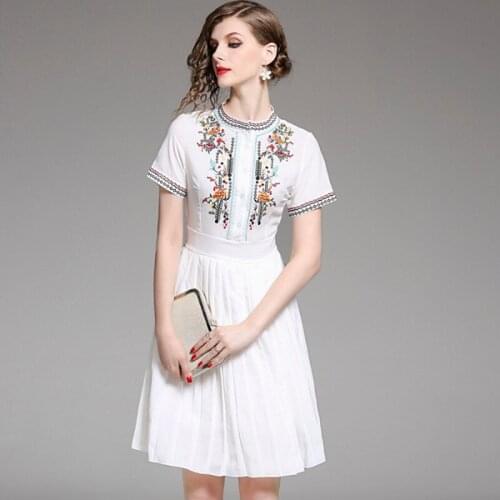 New Women Elegant Flower Embroidery White Pleated Dress Female High Waist O-neck Short Sleeve See Through Chiffon Dress k9380