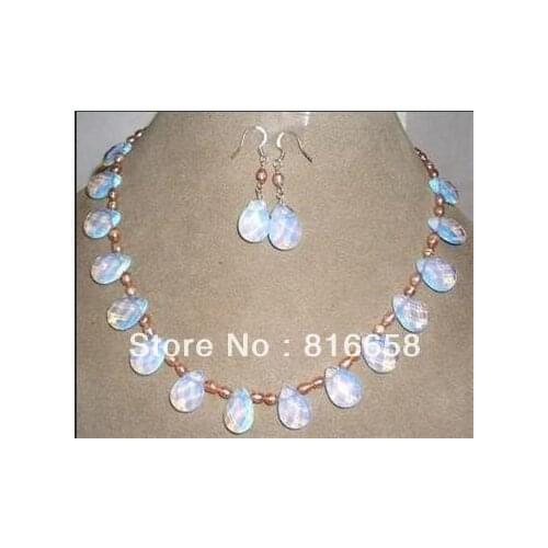 Pink pearl &opal necklace 17" & earring