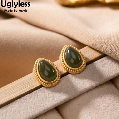 Uglyless Simple Fashion Twist Water Drop Jade Studs Earrings for Women Elegant Dress Earrings Gold 925 Silver Fashion Jewelry