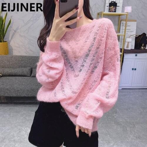 Pink Mohair Pullover Knitted Sweater Women 2021 Spring Loose Large Size Lazy Oaf Harajuku See-Through Cute Sweater Thin Section