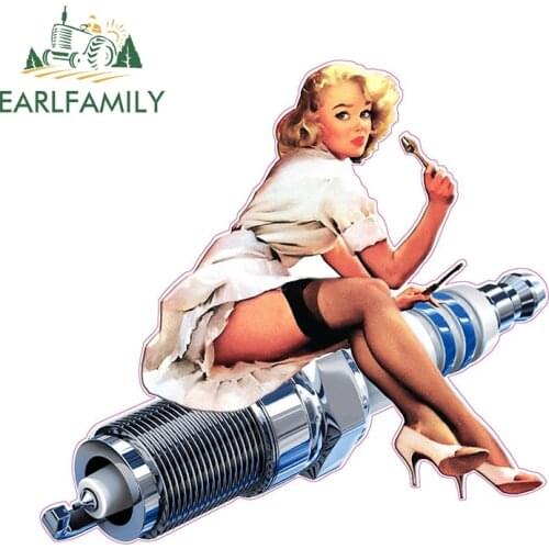 EARLFAMILY 13cm x 12.5cm Spark Plug Pin Up Girl Cartoon Decal Self-adhesive Hot Rod Car Sticker Auto Motorcycle Biker Decoration