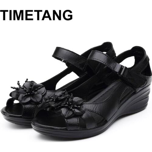 TIMETANG Gladiator Sandals Women Elegant Genuine Cow Leather Wedge Mid Heel 4cm Beaded Flower Ladies Shoes And Sandals ShoesE543