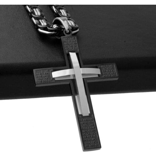 Trendy Stainless Steel Silver Color Black Christian Jesus Cross Pendant With 5mm Byzantine Chain Necklace Mens Boys Jewelry